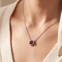 14K White Gold Natural Mozambique Garnet & .04 CTW Natural Diamond Halo-Style 18" Necklace worn by a model