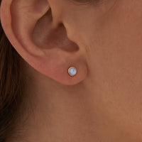 14K Yellow Gold Natural Rainbow Moonstone Bezel-Set Earrings worn by a model