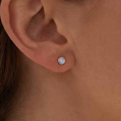 14K Yellow Gold Natural Rainbow Moonstone Bezel-Set Earrings worn by a model