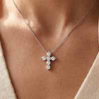 14K White Gold 1/4 CTW Natural Diamond Cross 16-18" Necklace worn by a model