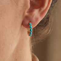 14K Yellow Gold Natural Turquoise Cabochon Hinged 12.2 mm Hoop Earrings worn by a model