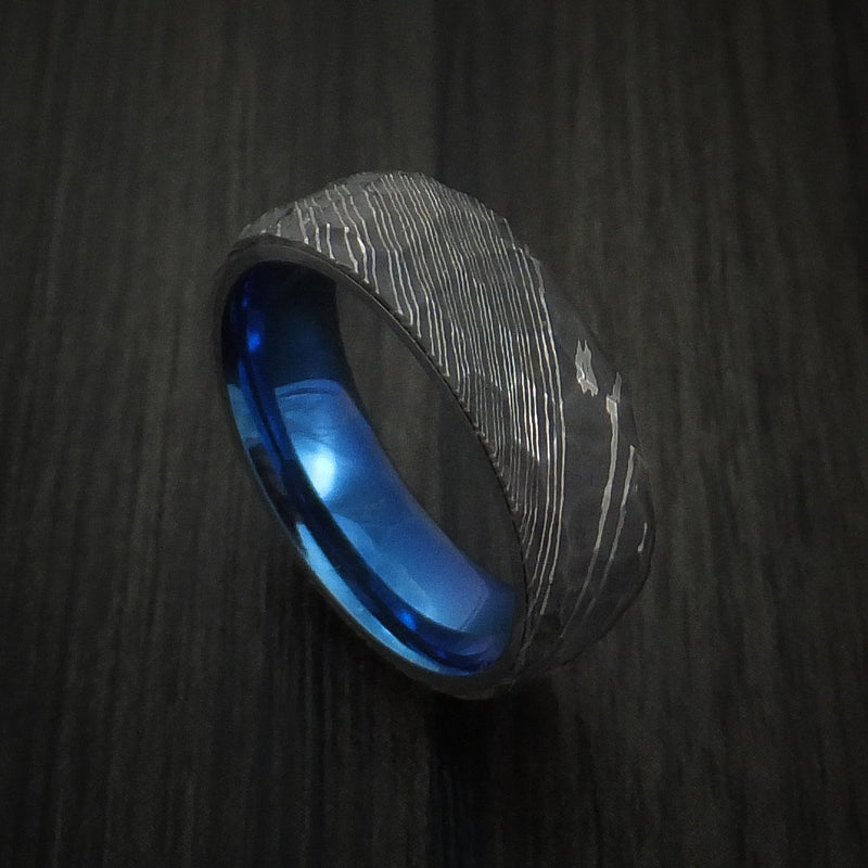 Damascus Steel Men's Ring with Rock Hammer Finish and Anodized Titanium Sleeve Custom Made