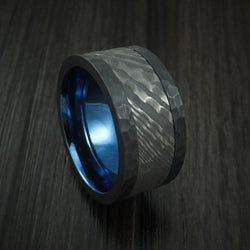 Black Zirconium and Damascus Steel Hammered Ring with Anodized Sleeve Custom Made