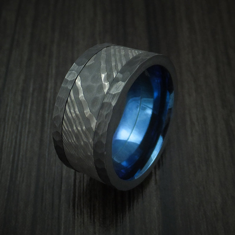 Black Titanium and Damascus Steel Hammered Men's Ring with Anodized Sleeve Custom Made