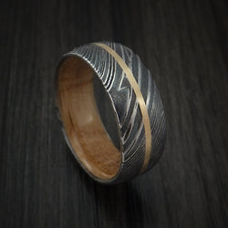 Kuro Damascus Steel Ring with 14K Yellow Gold Inlay and Jack Daniels Whiskey Barrel Wood Hardwood Sleeve Custom Made Wood Band
