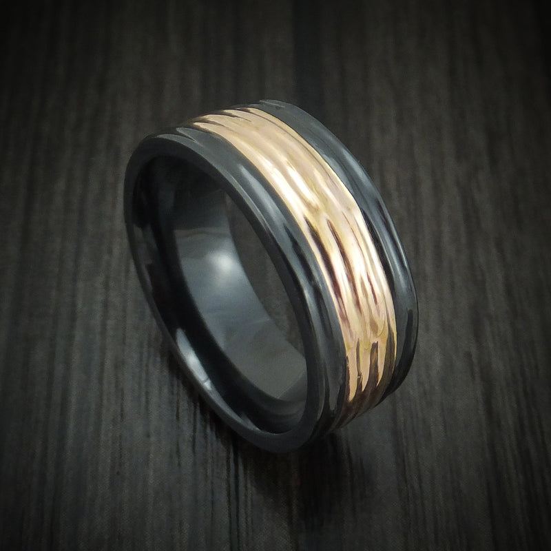 Black Zirconium and 14K Gold Ring with Tree Bark Finish Custom Made Band