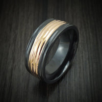 Black Titanium and 14K Gold Ring with Tree Bark Finish Custom Made Band