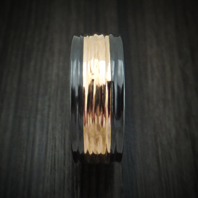 Black Titanium and 14K Gold Ring with Tree Bark Finish Custom Made Band
