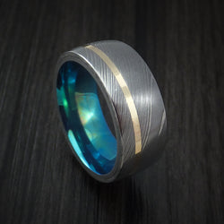 Damascus Steel Ring with 14K Yellow Gold Inlay and Anodized Titanium Interior Sleeve Custom Made Band