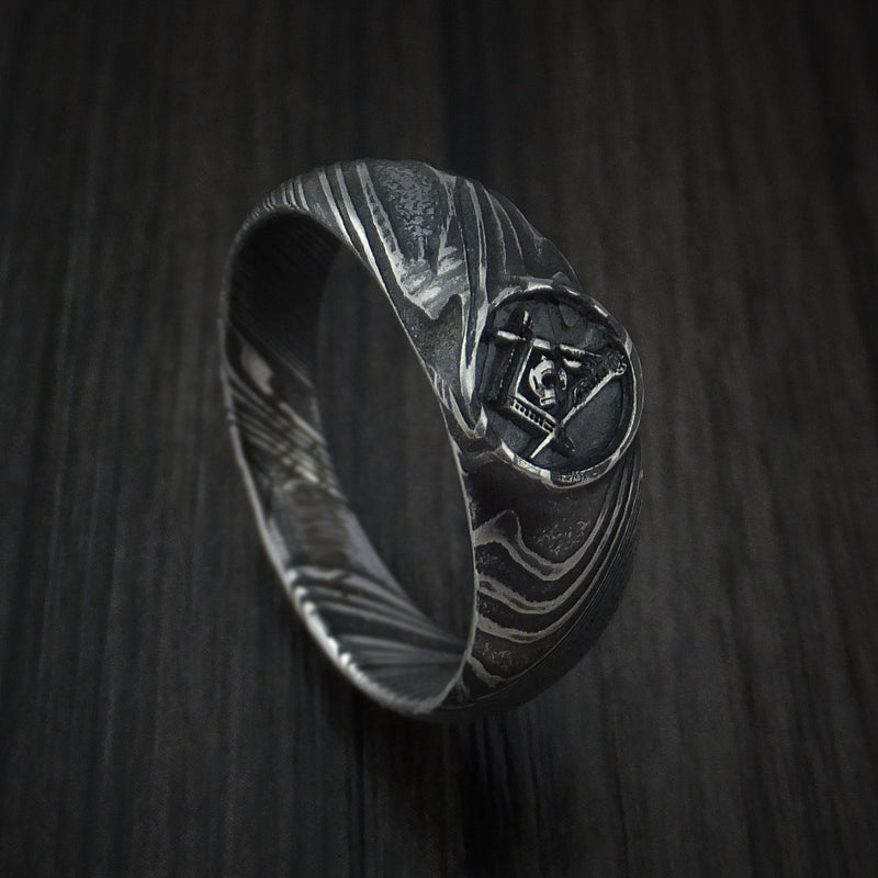 Kuro Damascus Steel Masonic Emblem Signet Ring Custom Made Band