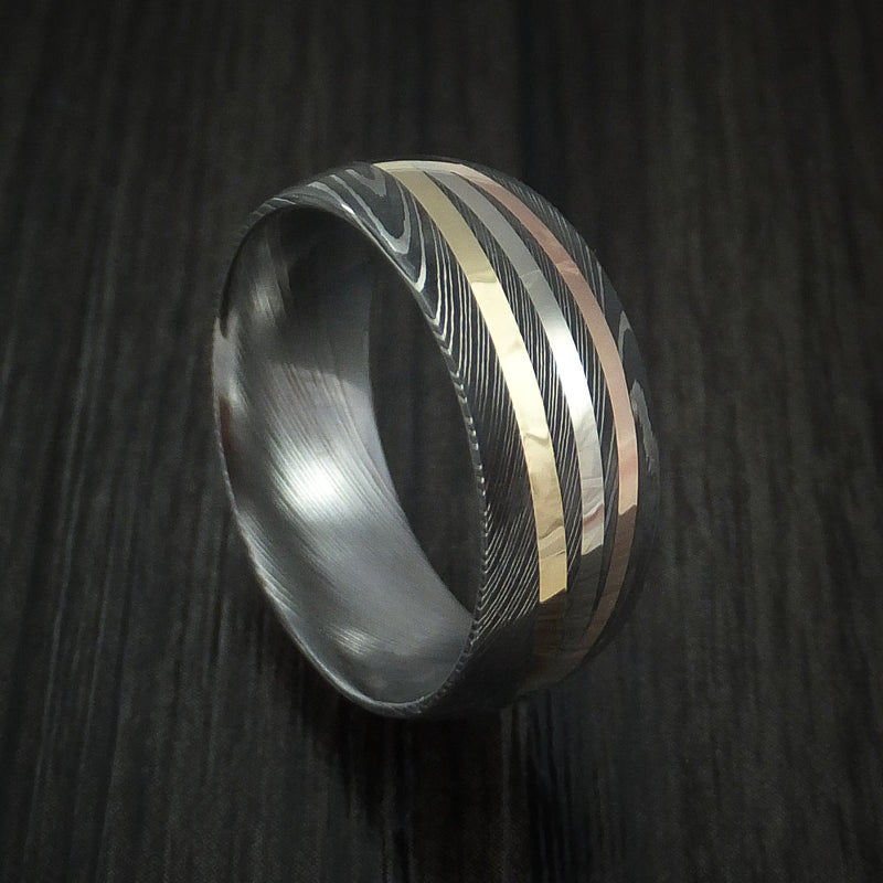 Damascus Steel Ring with Diagonal 14K Gold Inlays Wedding Band Custom Made