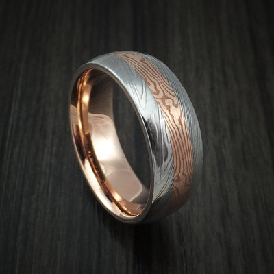 Damascus Steel and Mokume Ring with Rose Gold Sleeve Wedding Band Custom Made