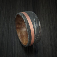 Damascus Steel and Copper Ring with MAPLE BURL Wood Sleeve Wedding Band Custom Made