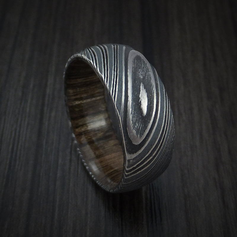 Kuro Damascus Steel Ring with Walnut Wood Hardwood Sleeve Custom Made Wood Band