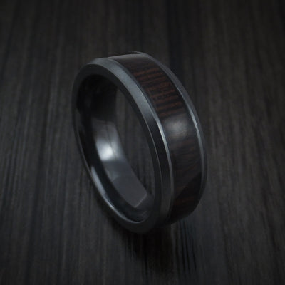 Black Zirconium and WOOD Ring inlaid with WENGE WOOD Custom Made to Any Size and Optional Wood Types