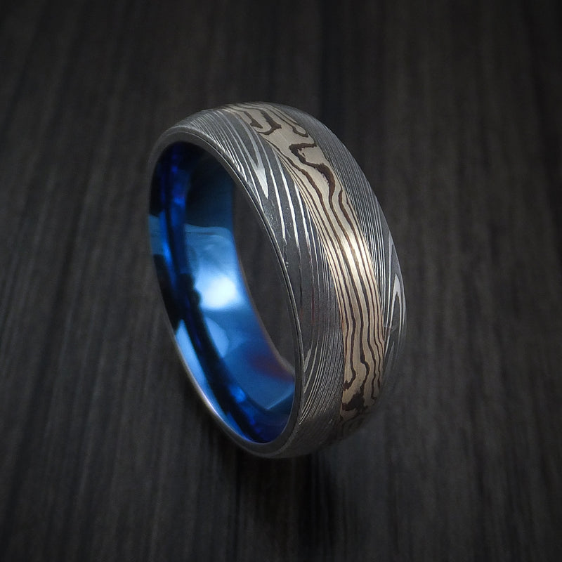 Damascus and 14k WHITE GOLD Mokume Gane Ring with Anodized Titanium Sleeve Custom Made