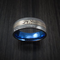 Damascus and 14k WHITE GOLD Mokume Gane Ring with Anodized Titanium Sleeve Custom Made