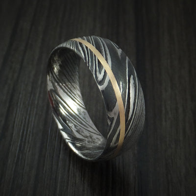 Kuro Damascus Steel Ring and 14k Yellow Gold Wedding Band Genuine Craftsmanship Custom Made
