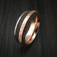 Damascus Steel and 14K Gold Ring with Tree Bark Finish and Hammered Copper Inlay