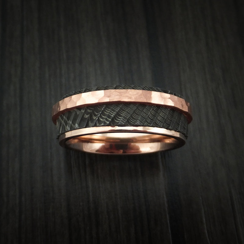 Damascus Steel and 14K Gold Ring with Tree Bark Finish and Hammered Copper Inlay