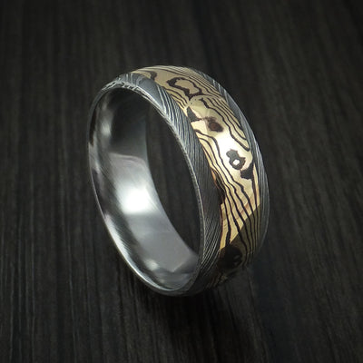 Damascus Steel Ring with 18K Yellow Gold Shakudo Mokume Custom Made Band