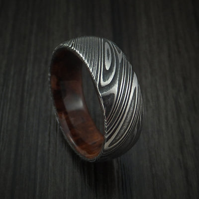 Kuro Damascus Steel Ring with Hardwood Sleeve Custom Made Wood Band