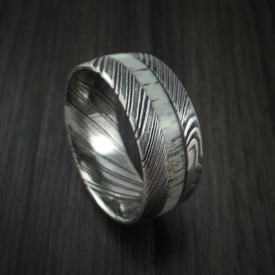 Kuro Damascus Steel and Antler Ring Custom Made Band