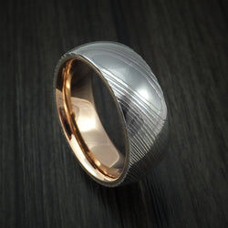 Damascus Steel Ring with 18k Rose Gold Sleeve Custom Made Band