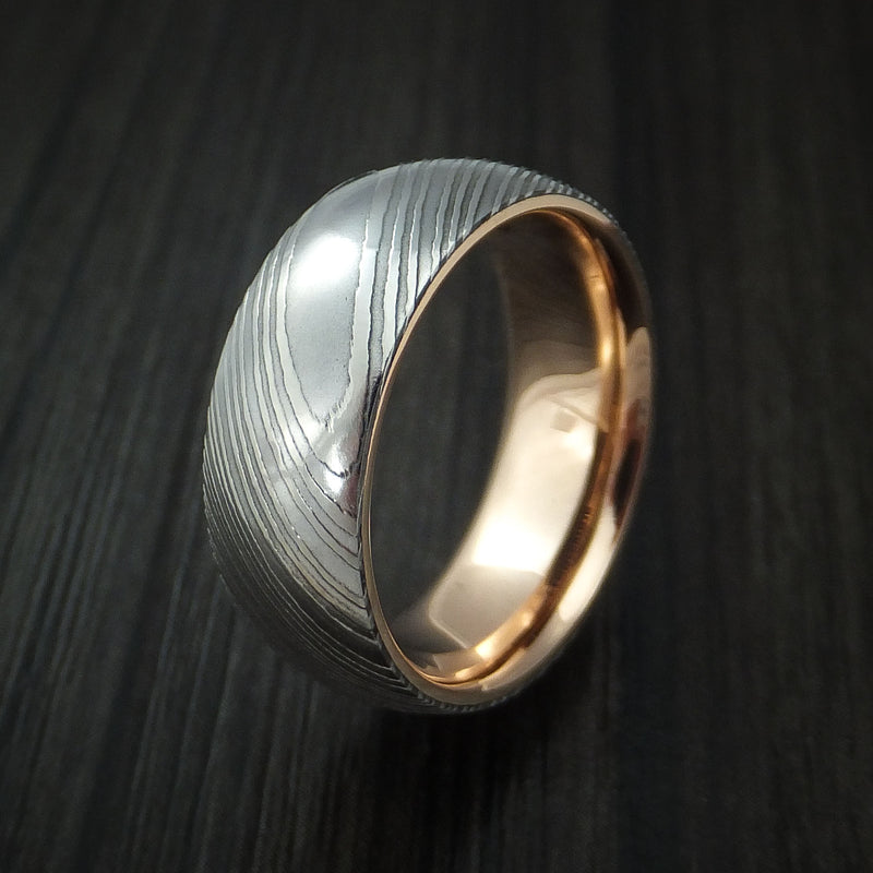 Damascus Steel Ring with 18k Rose Gold Sleeve Custom Made Band