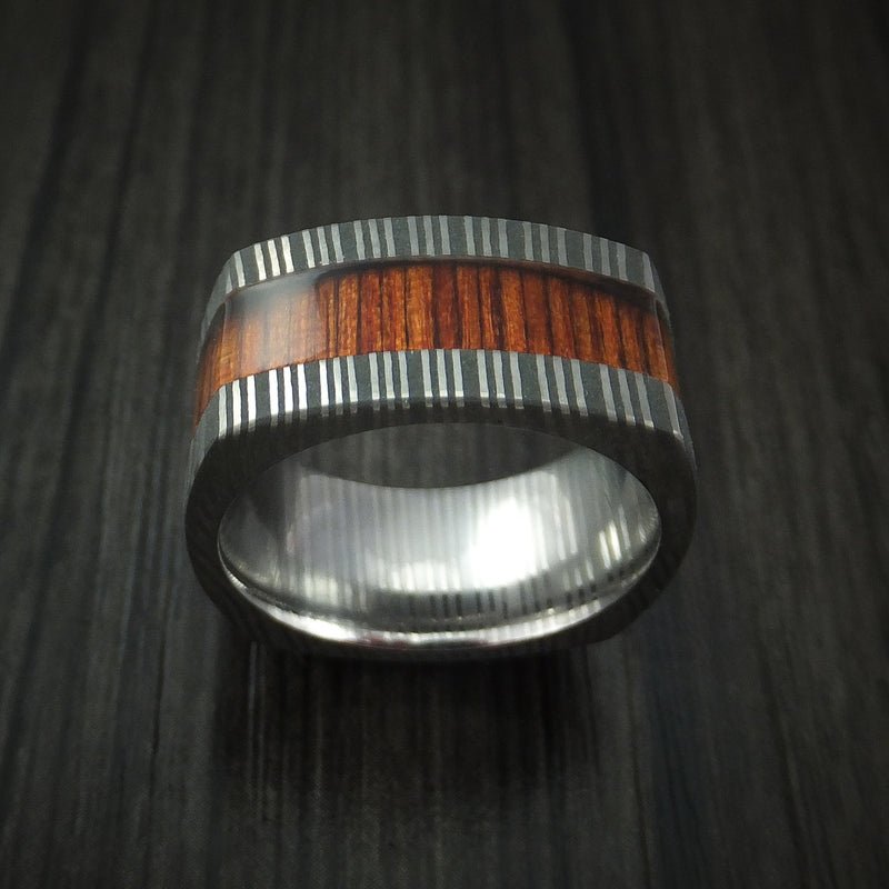 Cocobolo Hardwood and Damascus Steel Wide Square Ring Custom Made Band