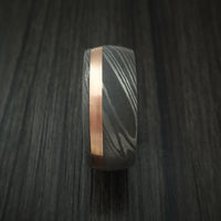 Damascus Steel Band with 14k Rose Gold and Charcoal Wood Sleeve Custom Made