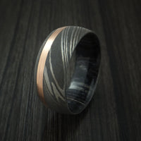 Damascus Steel Band with 14k Rose Gold and Charcoal Wood Sleeve Custom Made