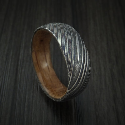 Kuro Damascus Steel Ring with Hardwood Sleeve Custom Made Wood Band