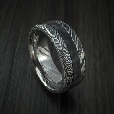 Kuro Damascus Steel and Carbon Fiber Ring Custom Made Hammered Band