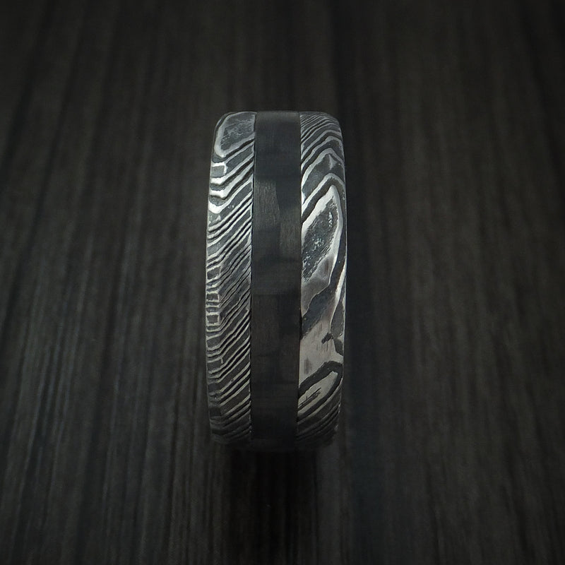 Kuro Damascus Steel and Carbon Fiber Ring Custom Made Hammered Band