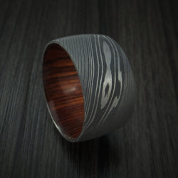 Damascus Steel Ring with Cocobolo Wood Sleeve Custom Made Wood Band