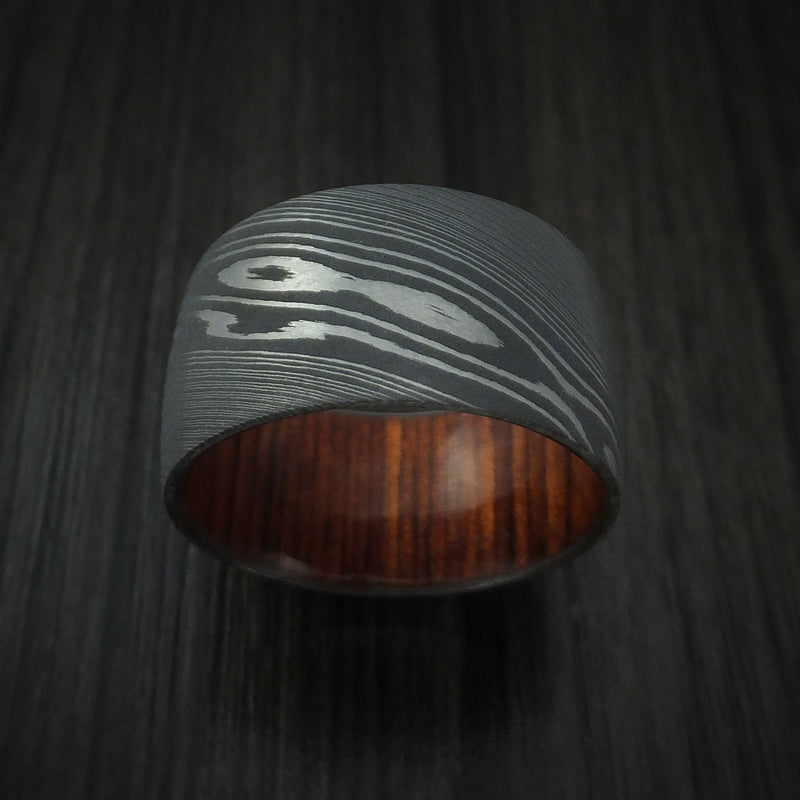 Damascus Steel Ring with Cocobolo Wood Sleeve Custom Made Wood Band
