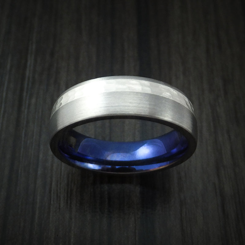 Titanium and Silver Anodized Ring Hammered Wedding Band Custom Made
