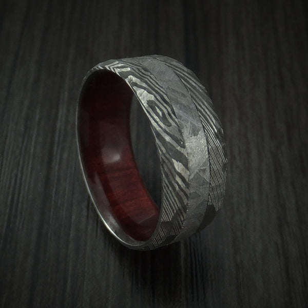 Damascus Steel and Gibeon Meteorite Hammered Men's Ring with
