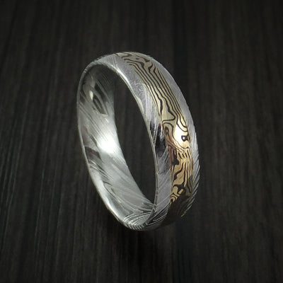 Kuro Damascus Steel and 14K White Gold Mokume Gane Shakudo Inlay Custom Made Band