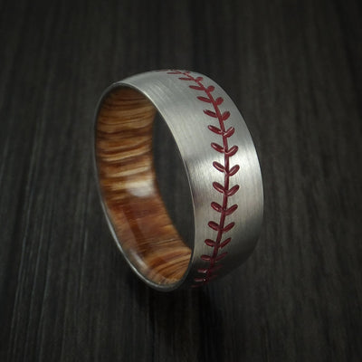 Titanium Baseball Ring with Red Stitching and Wood Sleeve Fan Band Any Size and Color