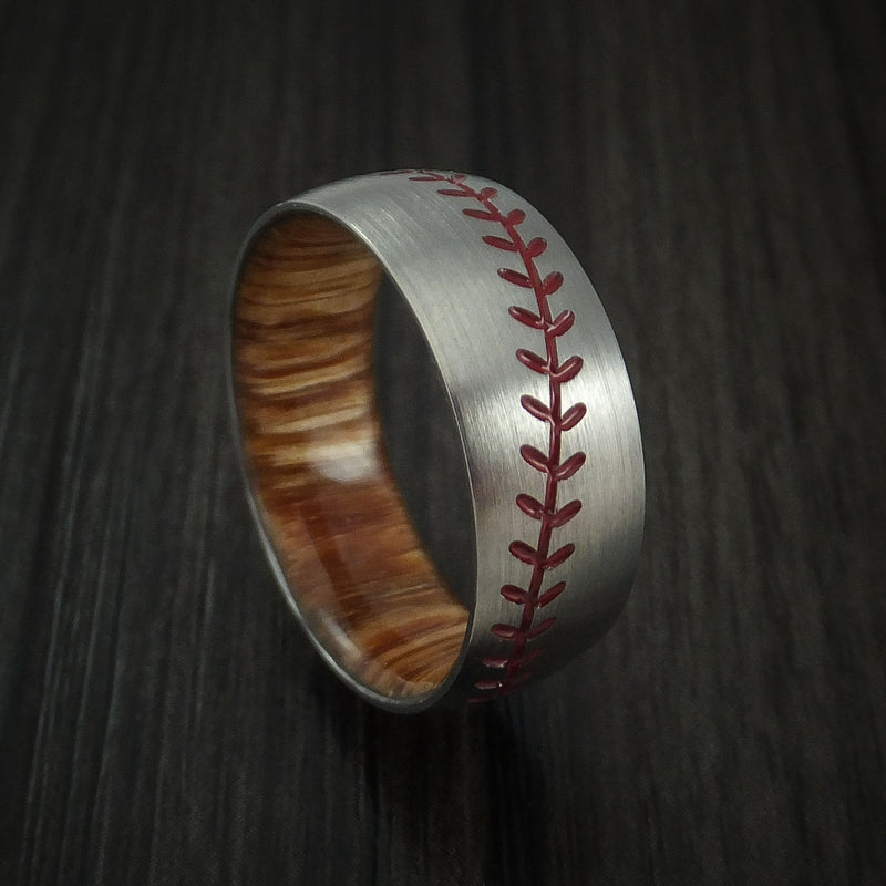 Titanium Baseball Men's Ring with Red Stitching and Wood Sleeve Fan Ba ...