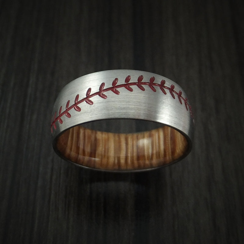 Titanium Baseball Men's Ring with Red Stitching and Wood Sleeve Fan Ba ...