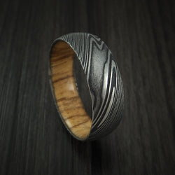 Kuro Damascus Steel Ring with Zebra Wood Hardwood Sleeve Custom Made Wood Band