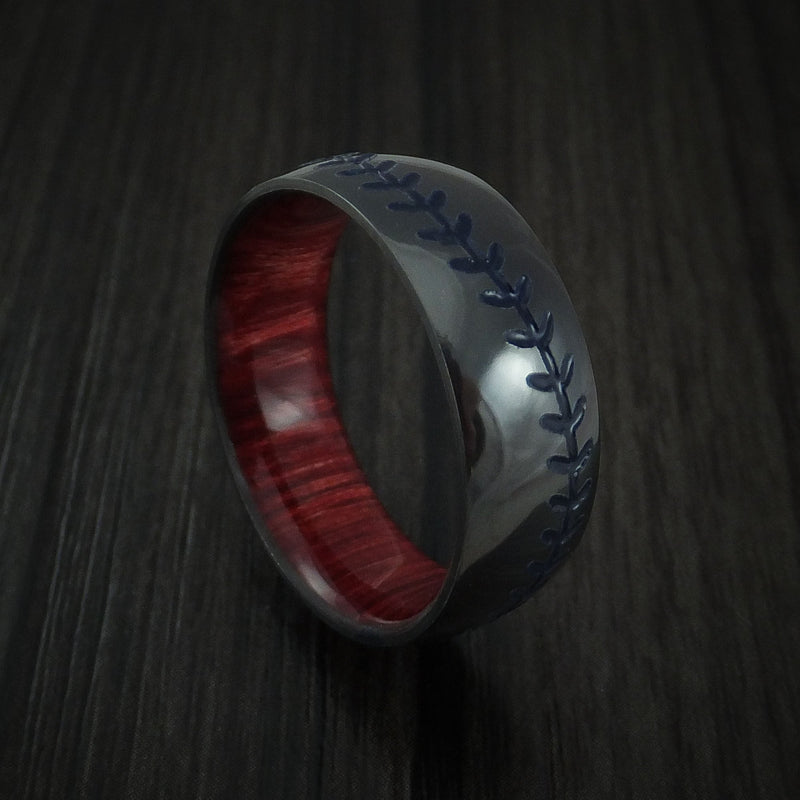 Black Titanium Baseball Stitch Men's Ring with Custom Color and Hardwood Sleeve