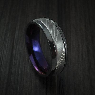 Black Titanium or Black Zirconium Custom Men's Ring with a Damascus Steel Inlay and an Anodized Interior