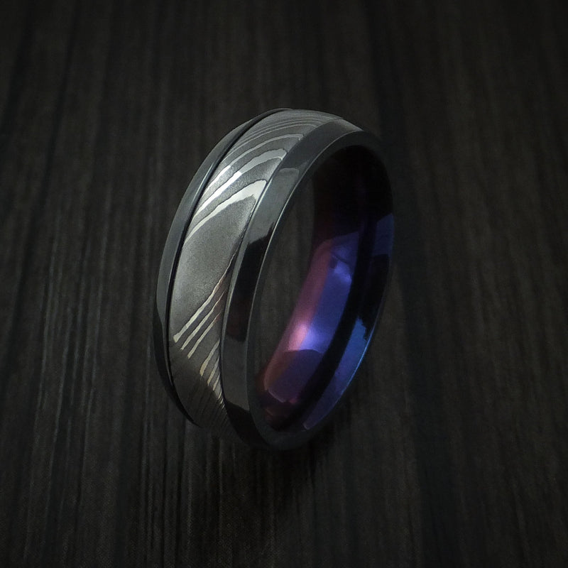 Black Titanium and Damascus Steel Band with Anodized Interior Custom Made Men's Ring