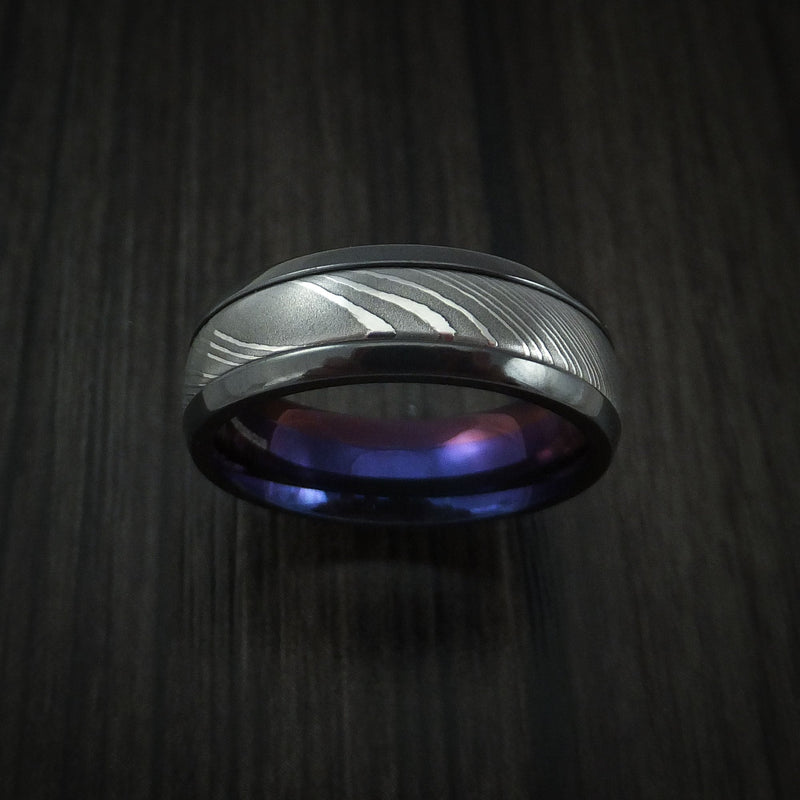 Black Titanium and Damascus Steel Band with Anodized Interior Custom Made Men's Ring