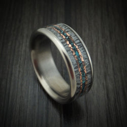 Titanium and Elk Antler Ring with Copper and Turquoise Inlays Custom Made