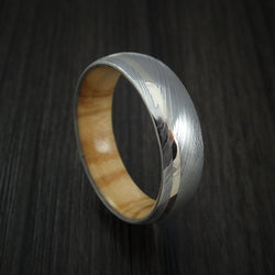 Damascus Steel Ring with 14k White Gold Inlay and Olive Wood Hardwood Interior Sleeve Custom Made Band